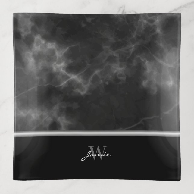 Black Marble Silver Trim Monogram Square Soap Dish (Front)