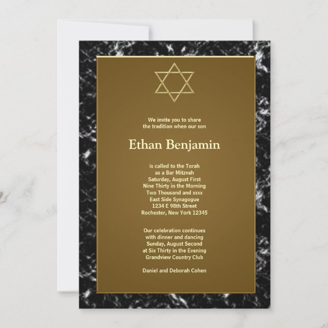 Black Marble Star of David Bar Mitzvah Invitation (Front)