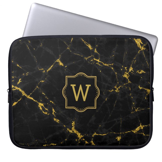 Black Marble Stone Gold Glitter Laptop Sleeve (Front)
