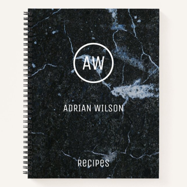 Black Marble Stone Pattern Monogram Recipes Notebook (Front)