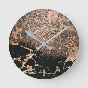 Black Marble Stone Rose Gold Copper Glitter Round Clock