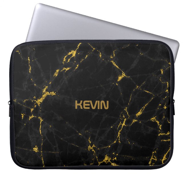 Black Marble Stone Texture Gold Accents Laptop Sleeve (Front)