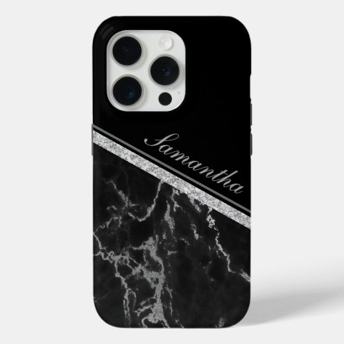 Black Marble Stone With Your Name iPhone 15 Pro Case