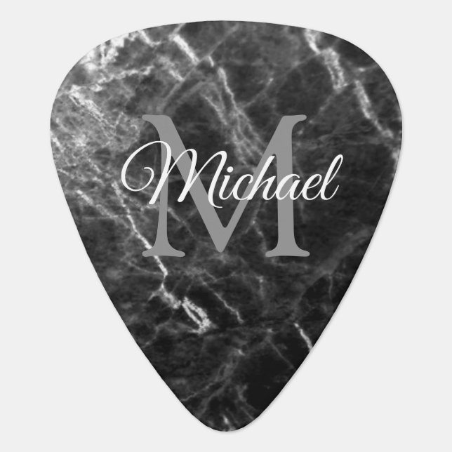 Black Marble Template Monogram Calligraphy Script Guitar Pick (Front)