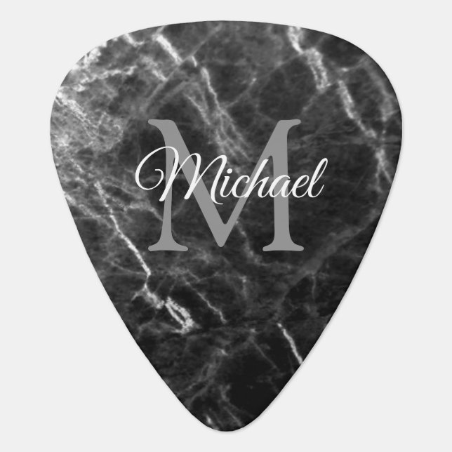 Black Marble Template Monogram Script Groverallman Guitar Pick (Front)