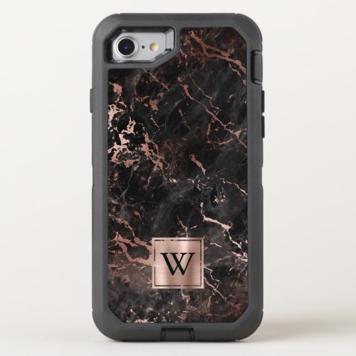 Black Marble Texture Rose Gold Monogram OtterBox Defender iPhone SE87 Case