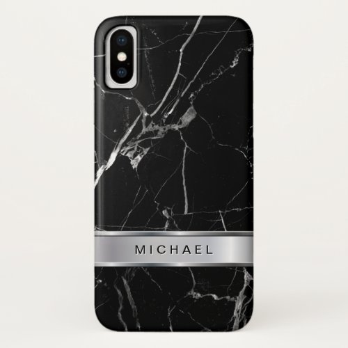 Black Marble Texture Silver Metallic Monogram Name iPhone XS Case