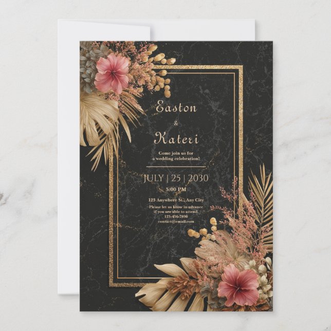 Black Marble Tropical Rose Hibiscus Wedding Invitation (Front)