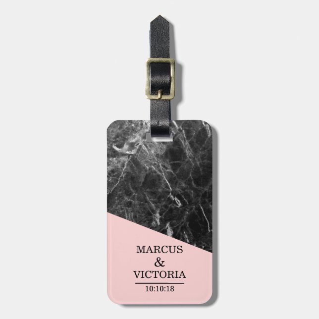 Black Marble Wedding Anniversary Luggage Tag (Front Vertical)