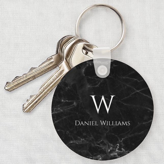 Black Marble White Monogram Initial & Name Elegant Keychain (Creator Uploaded)