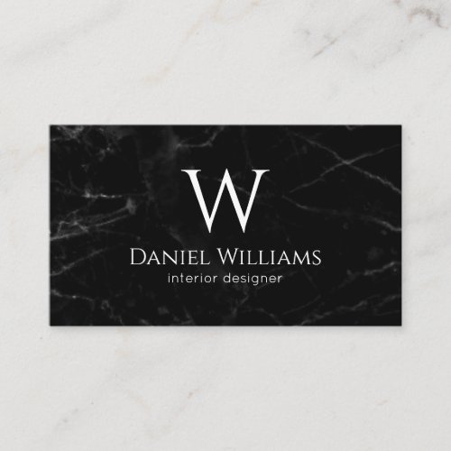 Black Marble White Monogram Modern Elegant Business Card