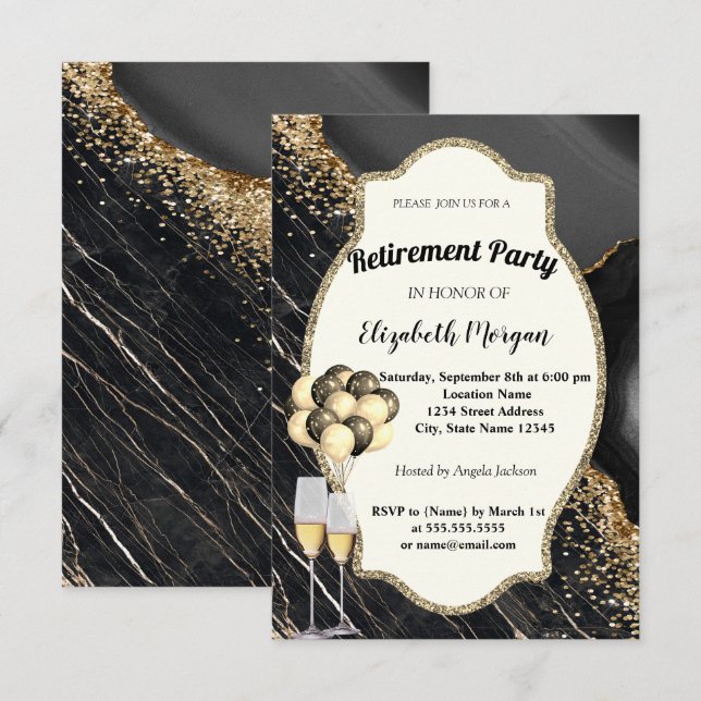 Black Marble,Wine Glass,Balloons, Retirement  Invitation (Front/Back)