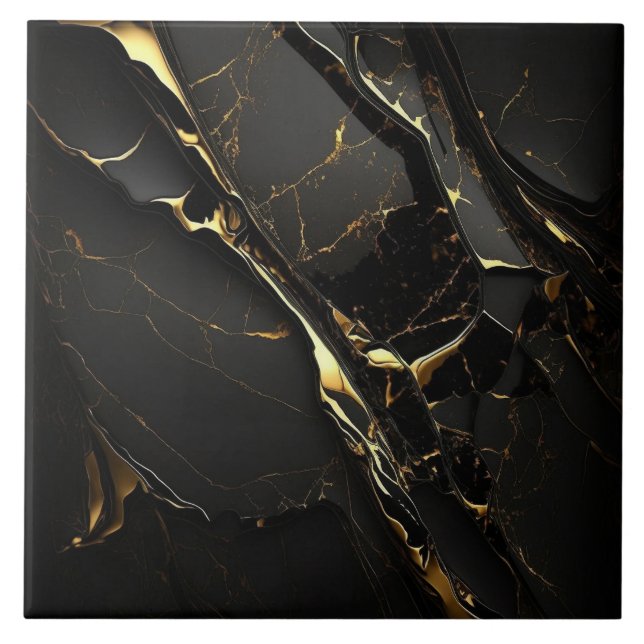 Black Marble with Diagonal Gold Streaks Ceramic Tile (Front)