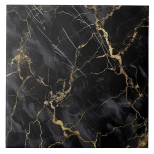 Black Marble with Fine Gray and Gold Veins Ceramic Tile