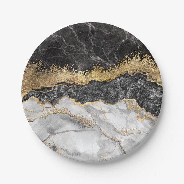 Black Marble with Gold Pretty Paper Plates (Front)