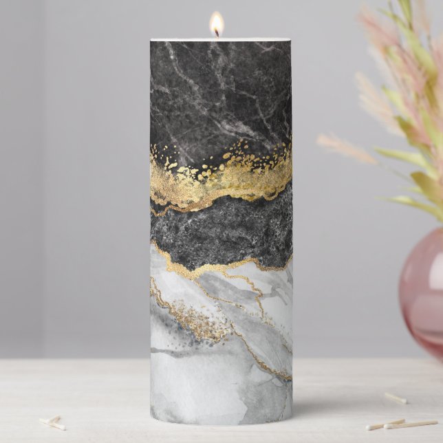 Black Marble with Gold Pretty Pillar Candle (In Situ)