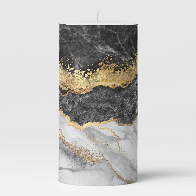 Black Marble with Gold Pretty Pillar Candle (Front)