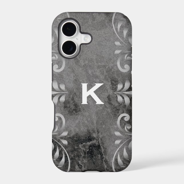 black marble with silver floral pattern iphone case (Back)