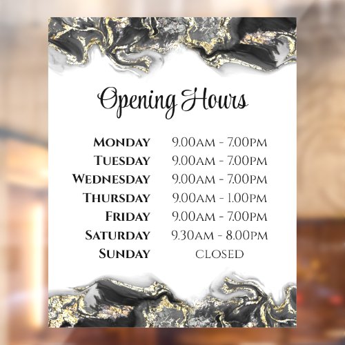 Black marbling design opening hours window cling