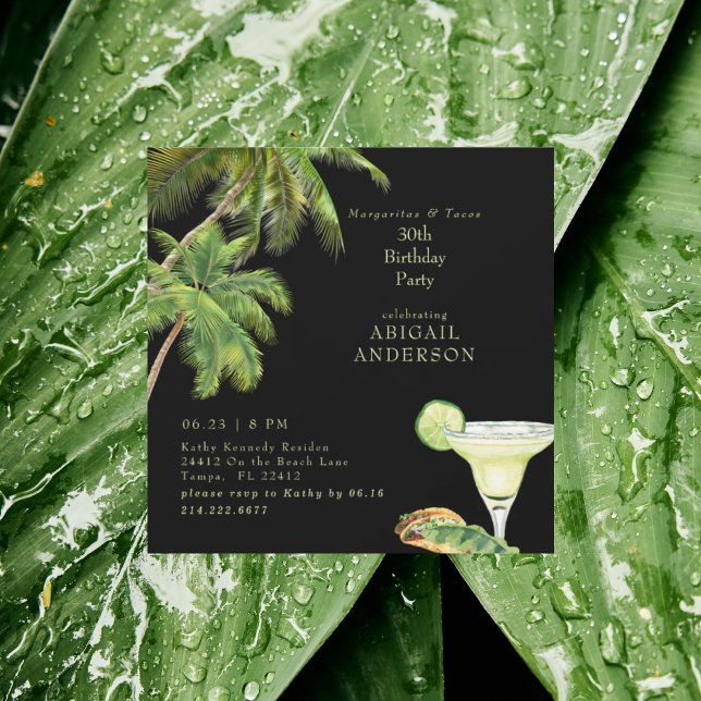 Black Margaritas & Tacos Tropical Square Birthday  (Creator Uploaded)