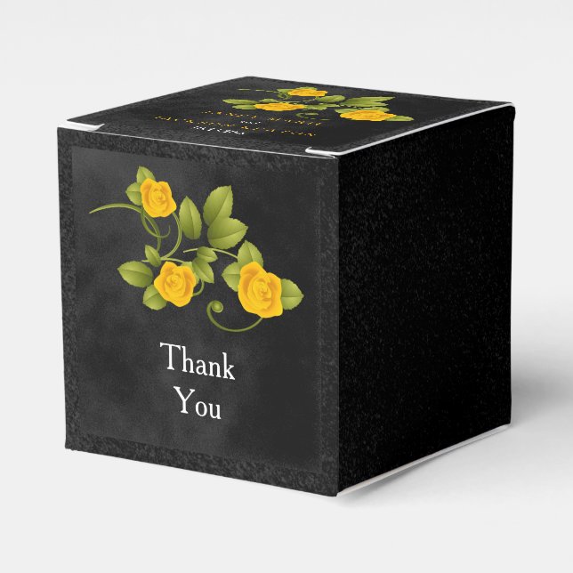 Black & Marigold Yellow Rose Flower Wedding Design Favor Boxes (Front Side)