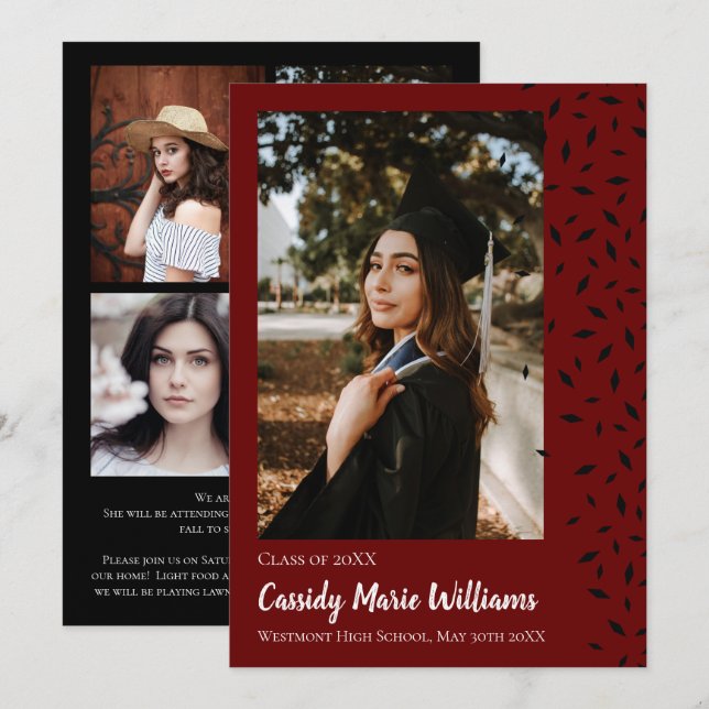Black Maroon Confetti Graduation Announcement (Front/Back)