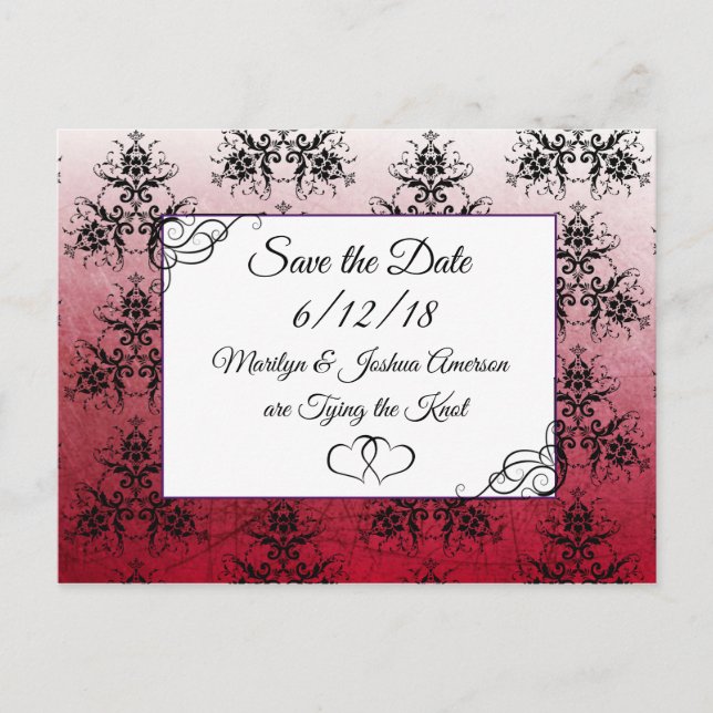 Black Maroon Damask Wedding Save the Date Postcard (Front)