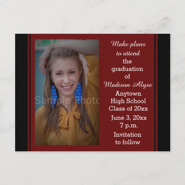 Black Maroon Photo Graduation Save the Date Card (Front)