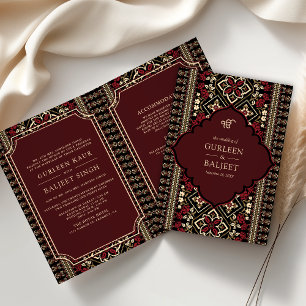 Black Maroon Red Ikat All in One Sikh Wedding Invitation