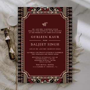 Black Maroon Red Ikat Anand Karaj Sikh Wedding Invitation