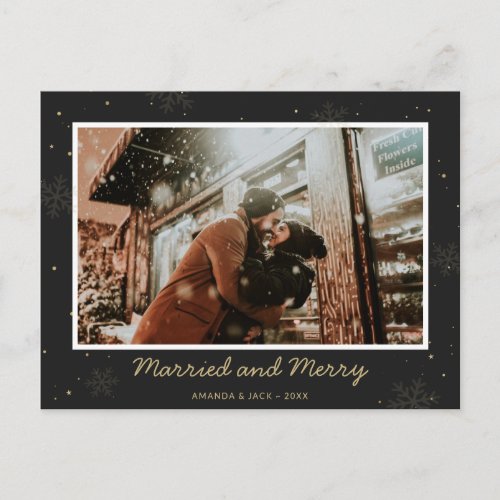 Black Married and Merry First Christmas Photo Holiday Postcard