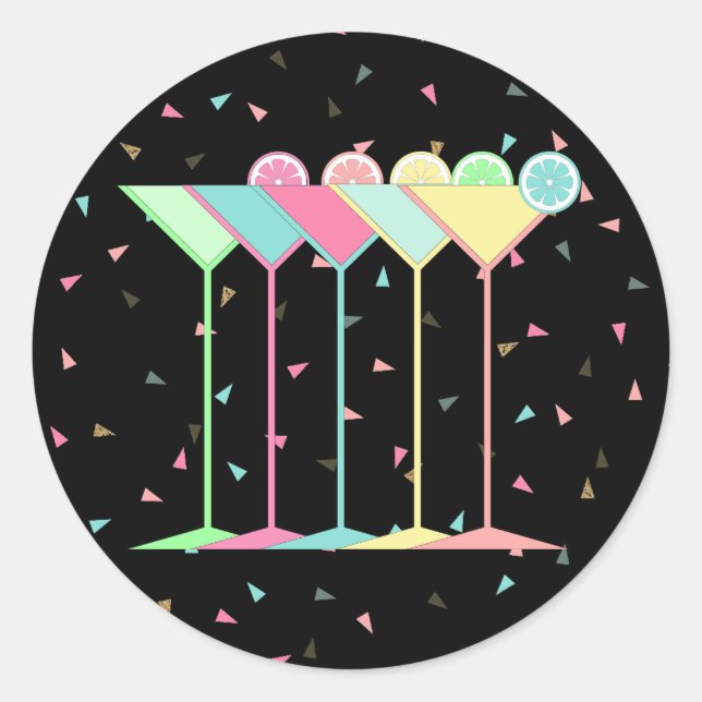 Black Martini Cocktail Party Confetti Round  Classic Round Sticker (Front)