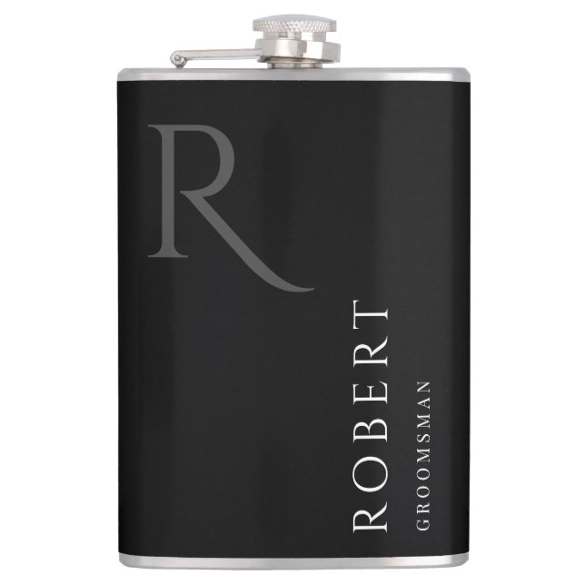 Black Masculine Monogram Groomsmen Gift Flask (Front)