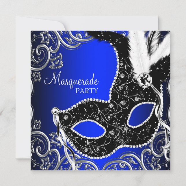 Black Mask Royal Blue Masquerade Party Invitation (Front)