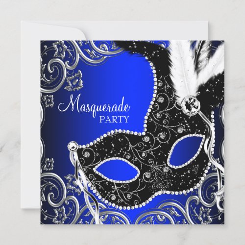 Black Mask Royal Blue Masquerade Party Invitation