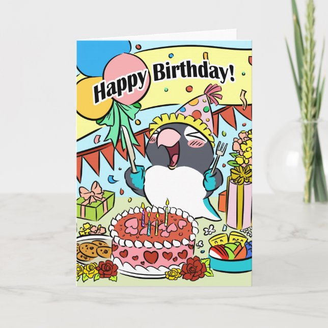 Black masked lovebird happy birthday parrot card (Front)