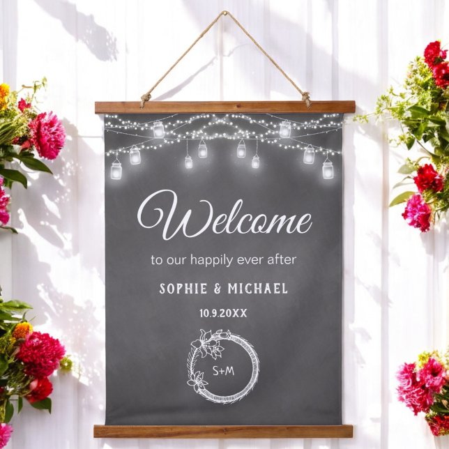 Black Mason Jar Wedding Welcome Rustic  Hanging Tapestry (Creator Uploaded)
