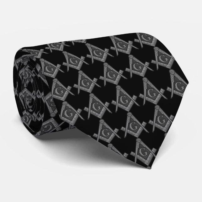 Black Masonic Masonry Freemason Pattern Neck Tie (Rolled)