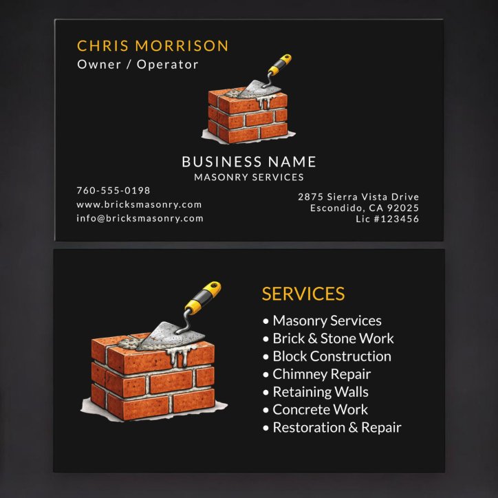 Black Masonry Services Professional Business Card