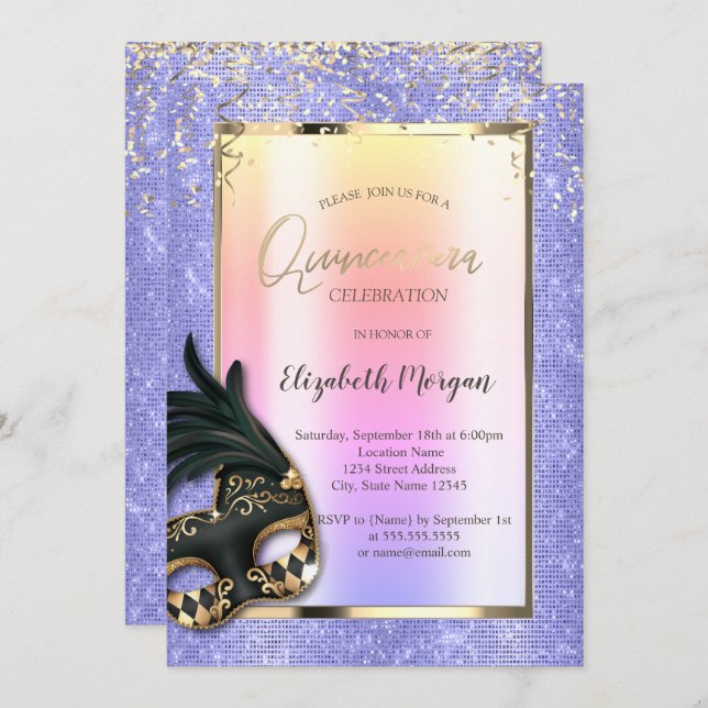 Black Masque Masquerade Lavander Quinceañera Invitation (Front/Back)