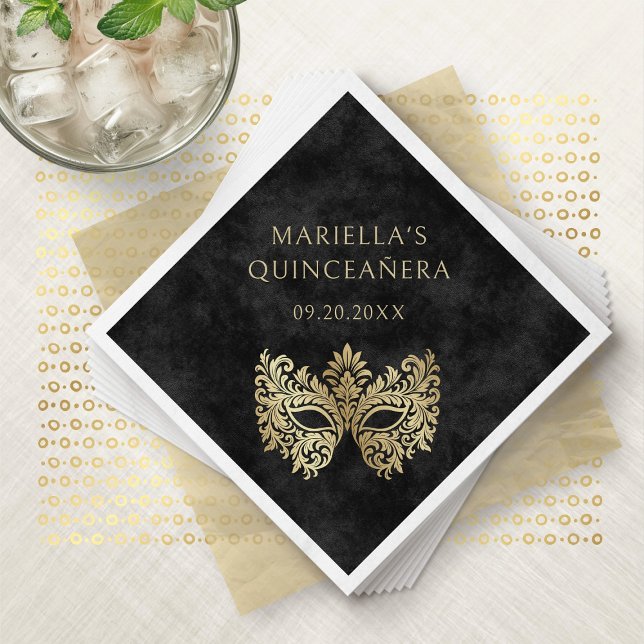 Black Masquerade Mask Elegant Quinceanera Napkins (Creator Uploaded)