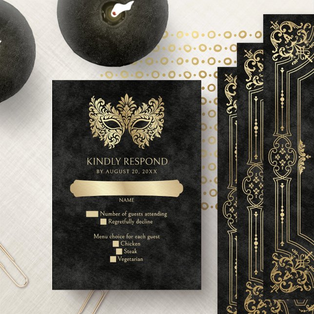 Black Masquerade Mask Elegant Quinceanera RSVP Card (Creator Uploaded)