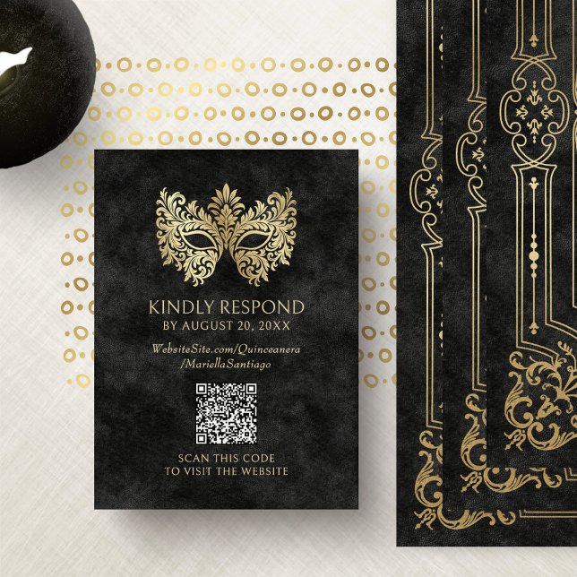 Black Masquerade Mask Quinceanera QR RSVP Enclosure Card (Creator Uploaded)