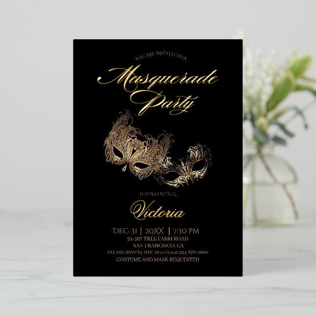  Black Masquerade Party  Foil Invitation (Standing Front)
