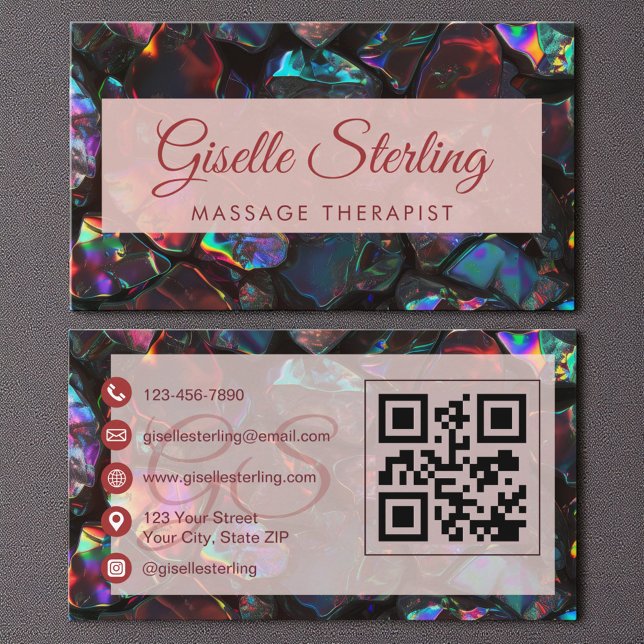  Black Massage Therapist Opal Gemstone QR Code Business Card (Creator Uploaded)