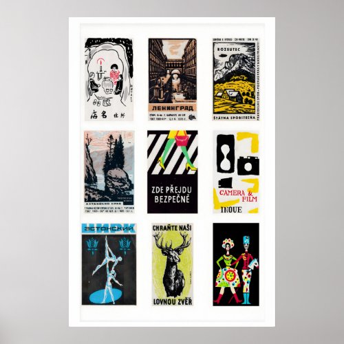 Black Matchbox Labels Grid Print, Vintage Ephemera Poster