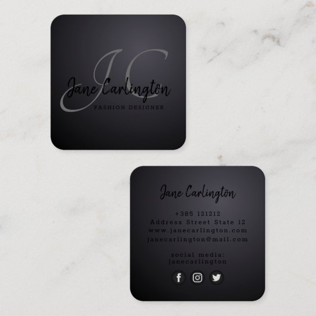Black mate effect modern monogram square business card (Front/Back)