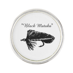 Black Matuka streamer, fly fishing, fly tying art Lapel Pin