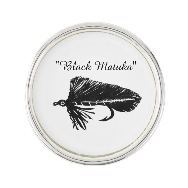 Black Matuka streamer, fly fishing, fly tying art Lapel Pin (Front)