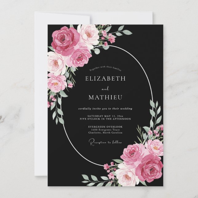 Black Mauve Bloom Wedding Invitation (Front)